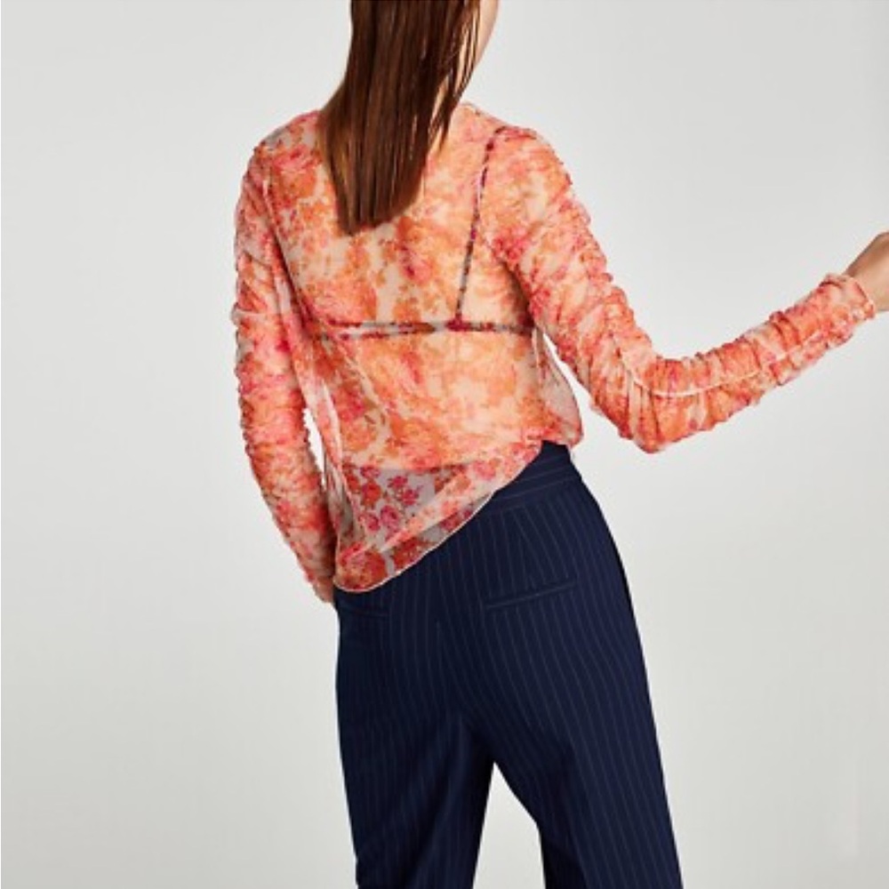 Zara Floral Sheer Blouse Ruffle Sleeves - Orange Long Sleeve Mesh